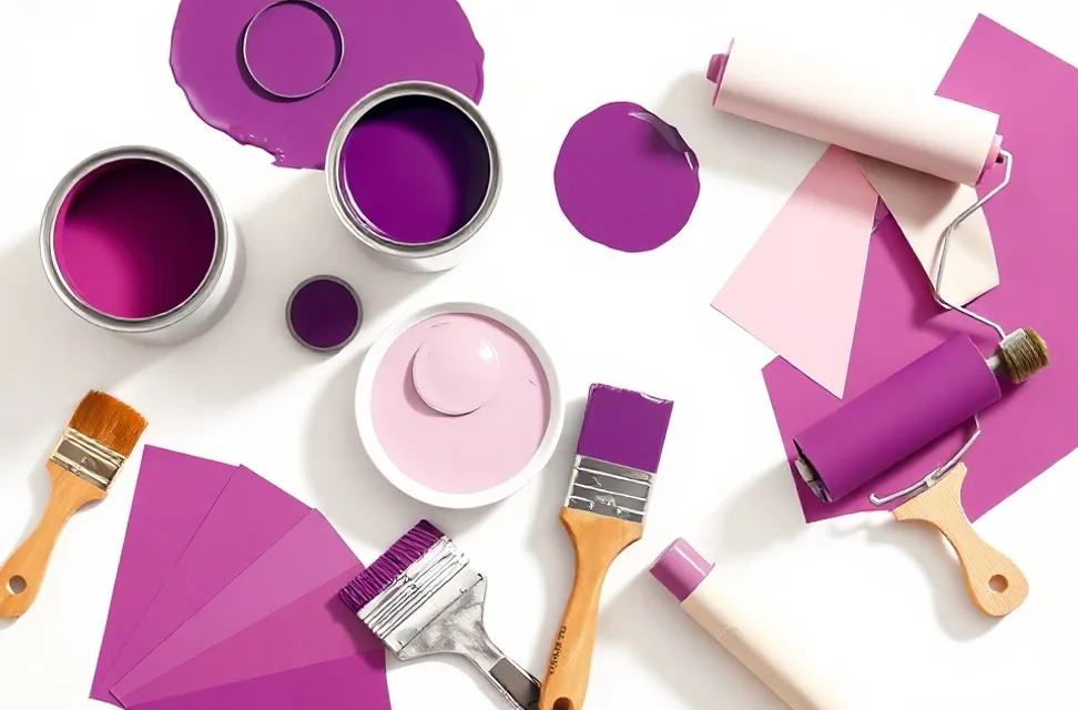 Pots de peinture, nuancier, brosses et rouleaux disposés à plat