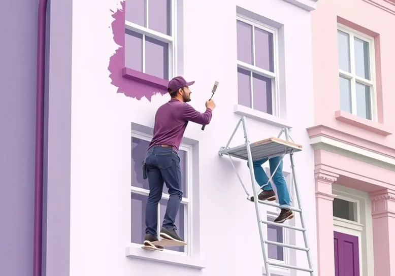 Peintre sur échafaudage traitant la façade d'une maison